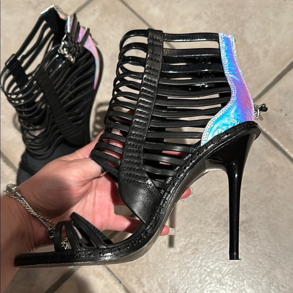 L.A.M.B. Black and Silver Stiletto Heels